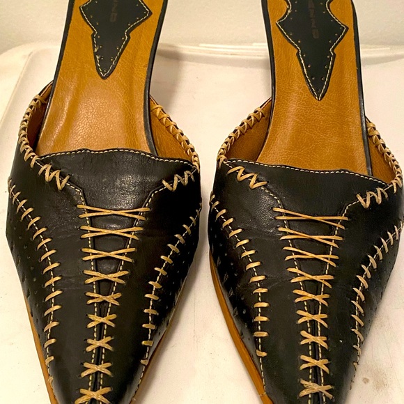 Pazzo Sexy Blue with beige stitching Leather Wood Slides 9 1/2 M - Picture 3 of 8